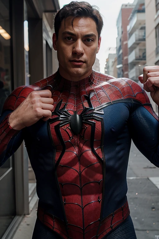 chris evans in a spiderman suit, muscular body, big bulge