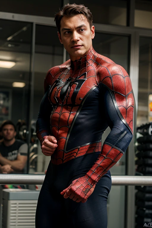 chris evans in a spiderman suit, muscular body, big bulge