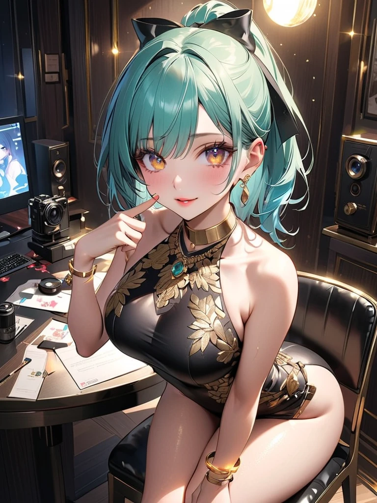 tanned girl with greenish blue hair with big breasts wearing an open blouse sitting working on the laptop while drinking an energy drink