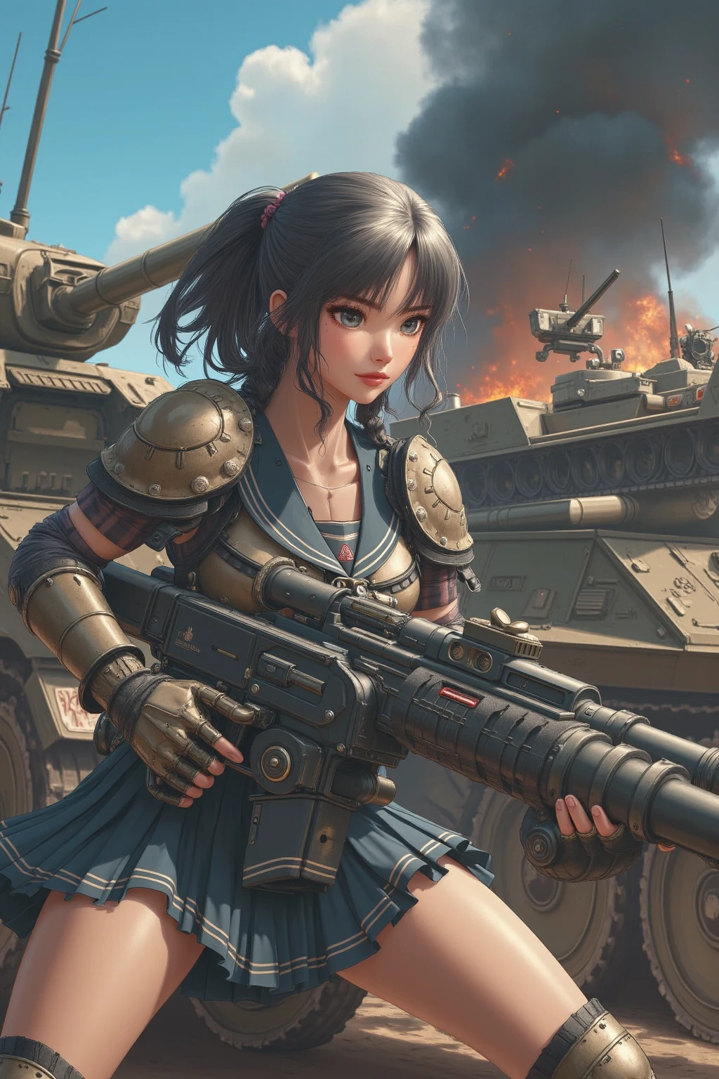 A military-clad woman with piercings, wearing a helmet, wielding a shotgun, sitting in a tank, (best quality,4k,8k,highres,masterpiece:1.2),ultra-detailed,(realistic,photorealistic,photo-realistic:1.37),oil painting, art inspired by Skottie Young and Bill Sienkiewicz, detailed facial features, muscular physique, gritty military aesthetic, weathered and rugged look, dramatic lighting, cinematic composition, vibrant colors, moody atmosphere