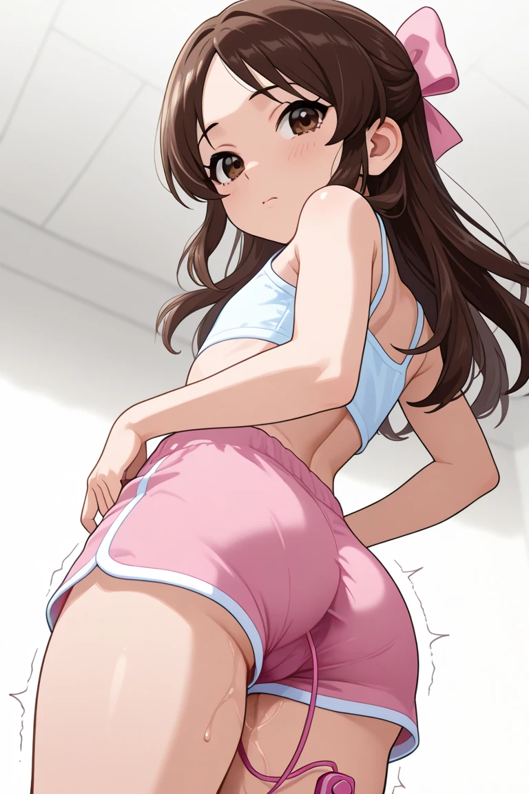 Ultra realistic 7 year old girl, pigtail hair pink, top medium breasts, sexy, smug face, sonrisa, posando, school gym, back view, voltea mirando hacia el frente, mojada, sudada, concentrada, volleyball, tight panties, expuesta