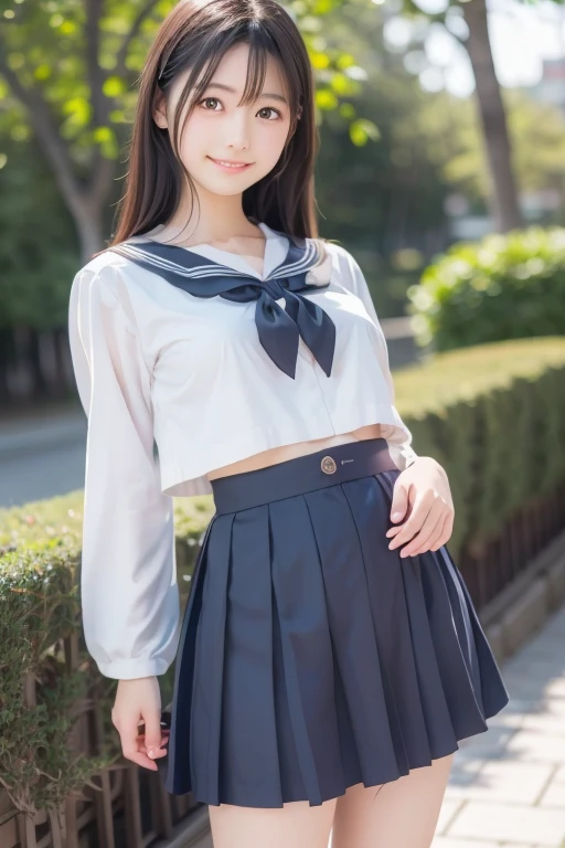 8k,cinematic lighting,top-quality,Top image quality,masterpiece,best quality,depth of field,ultra-detailed,from front,Standing,mideum shot,full body,1girl,Japanese,24 years old,(Black short bobcut),(Oval light brown cell frame glasses)smile,(slender body:1.1),((flat chest:1.6)),hard erect nipples,slightly large hip,realistic pussy,(hairy pussy:1.5),camel toe,(sunburn tanlines:1.1),(tanned skin:1.1),school hallway,(seifuku:1.3),school uniform,red scarf,(navy blue pleated skirt),