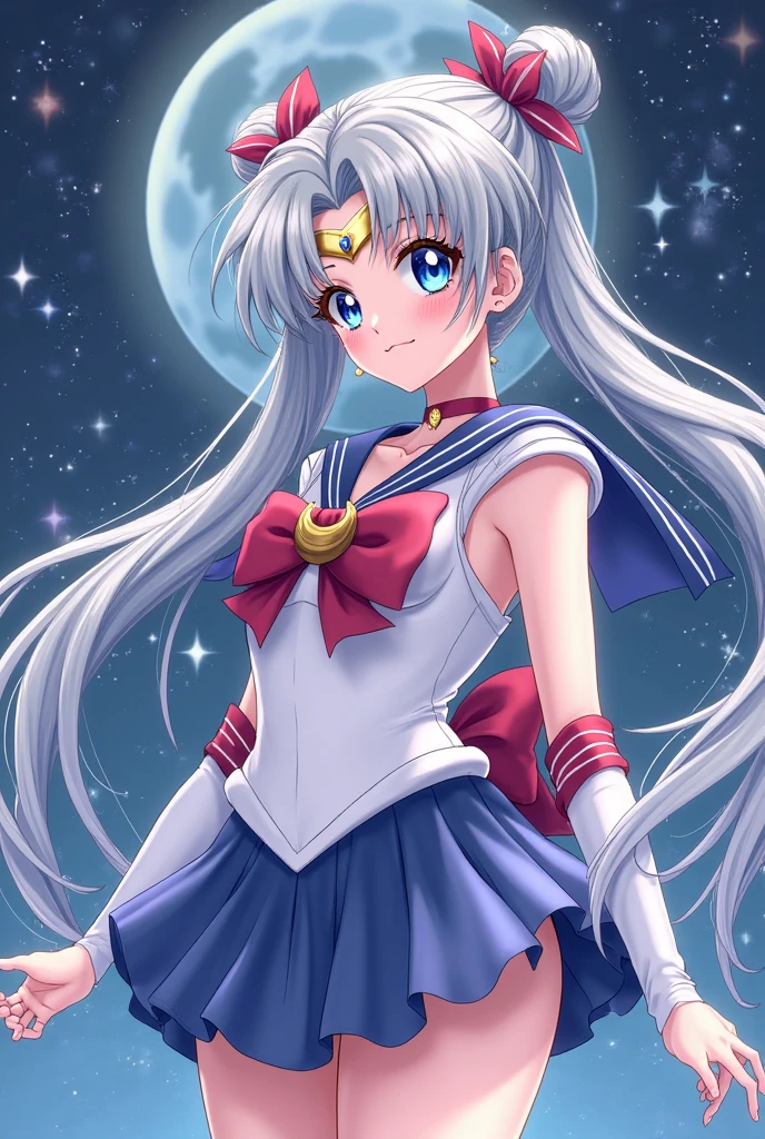 (masterpiece, Highest quality, so beautiful, Super detailed), Intricate details, 4K, Honestly, Long Hair, Double Bang, Twin tails, Parted bangs, tiara, Earrings, blue eyes, Red choker, Blue sailor collar, Red Bow, White shirt, Elbow hand pockets, White gloves, Blue Skirt, Are standing, Cowboy Shot, ,fight pose,evil smile, 1girl,(Silver Hair:1.4),(empty eyes,:1.2)