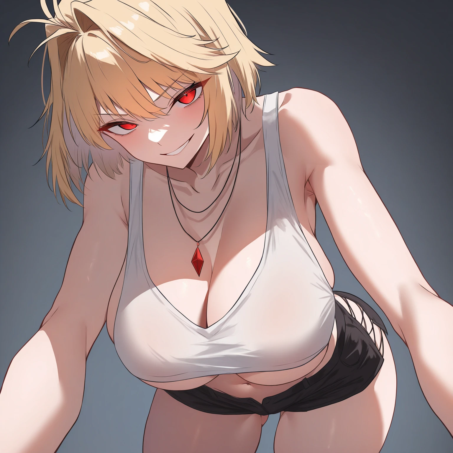(muscular girl toned body massive breasts) yellow eyes hair between eyes pale skin sweaty