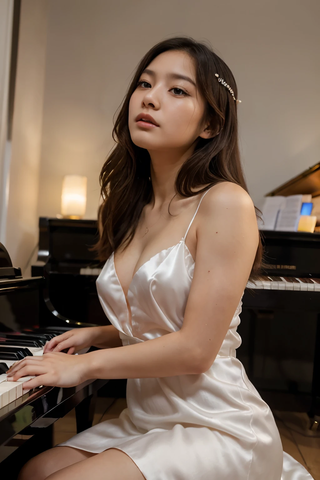 ((best quality)), ((masterpiece)), (detailed), perfect georgeus face, young beautiful sweet Bogor city girl, 23 years old, slim body, descent from sundanese and javanese, roman nose, black hairs pony tailed with a bangs, wearing high heels, playing a grand piano in an empty room, singing cheerful, side view, realistic, no cartoon,