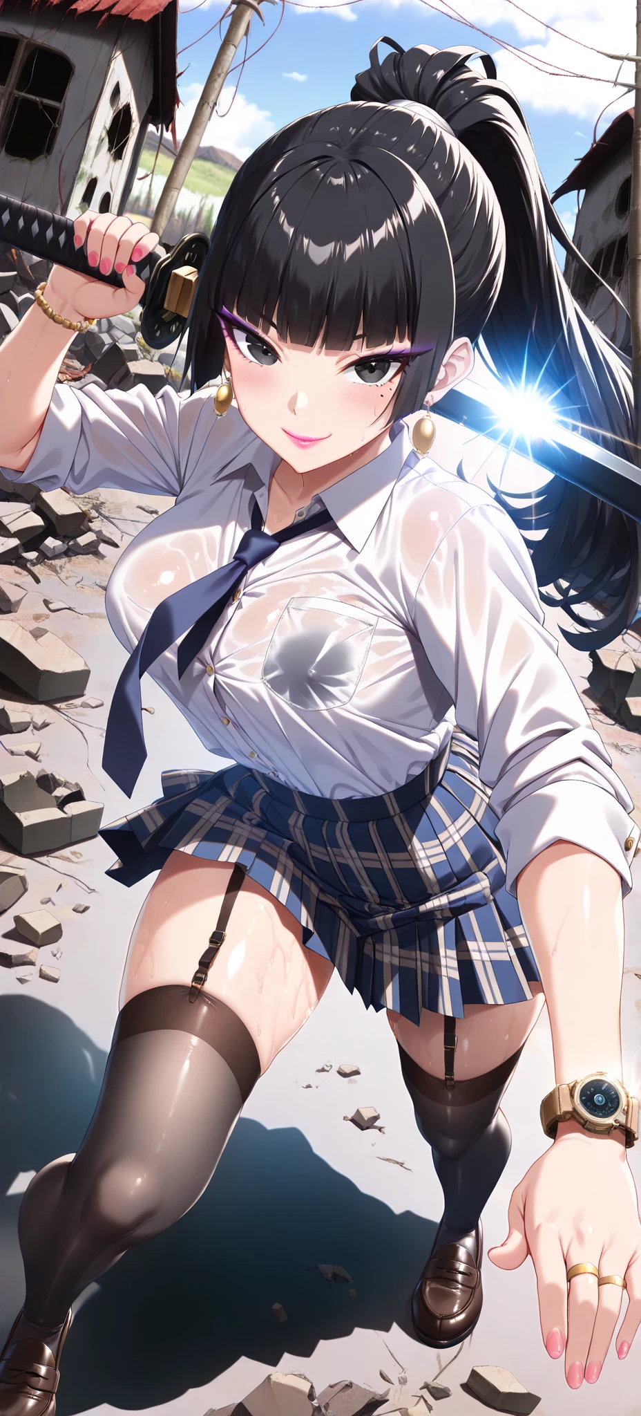 1 girl, very big breasts, very sexy body, 1 girl in, a smile, looks at the viewer, black shirt, super short white school miniskirt, full body, giant breasts, cleavage, giant breasts, heels, background in the mountains 1 girl , with big breasts. long legs QUEEN huge tits, (cleavage), high legs, (standing), sexy and muscular body. short skirt.4k hd