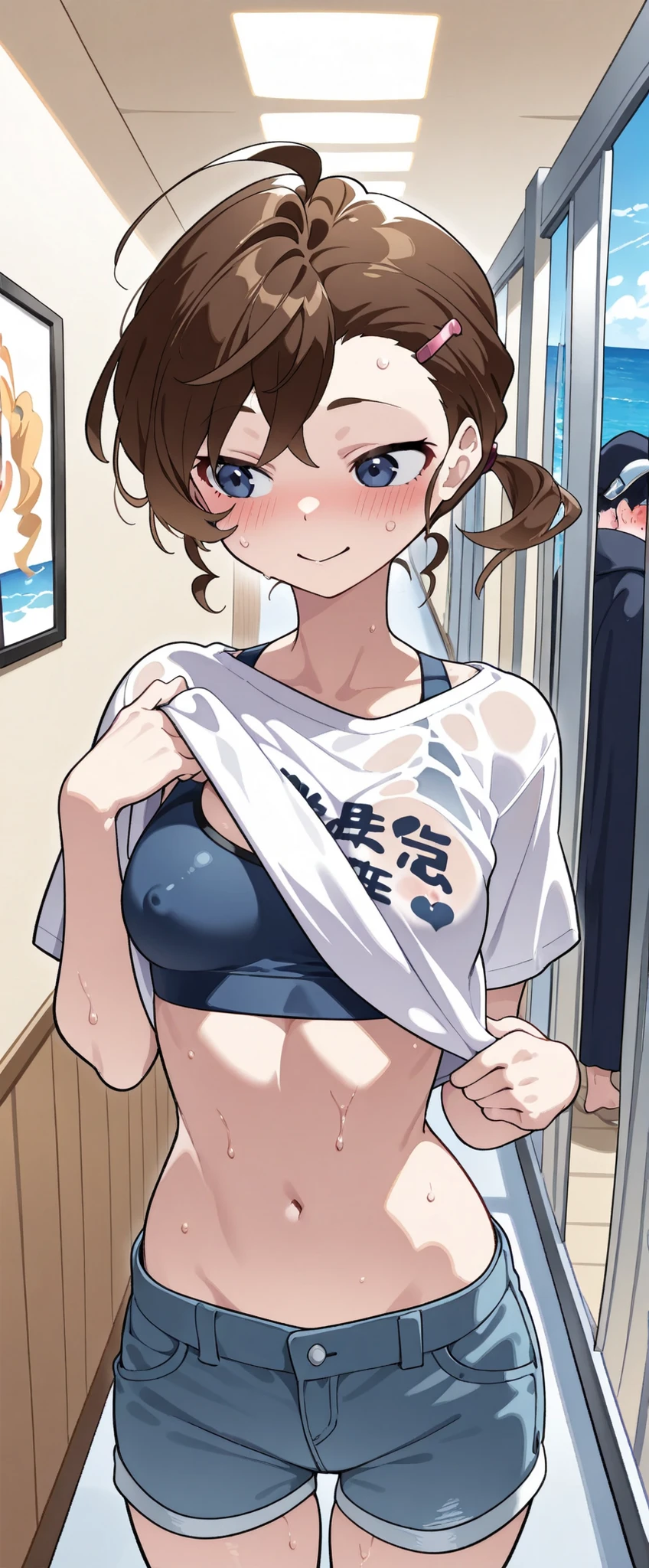 Braids、Brown hair、eye glasses、B Cup、School Changing Rooms、(gymnastic suit、white t-shirts、Navy blue bloomers)、(On the way to changing clothes、Peeling off)、On the way to take off、Striped bra、Striped panties