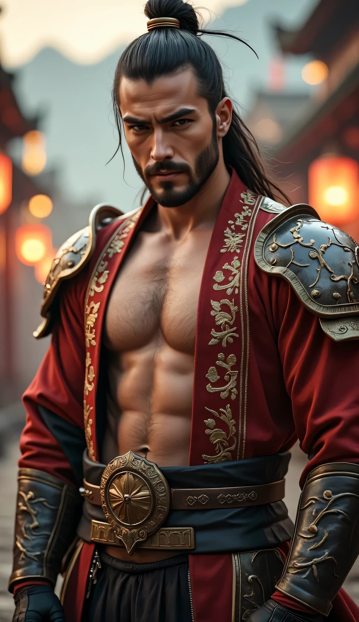 (Chest hair:1.5 ),(Body hair :1.5),(Open clothes reveal hairy pectoral muscles), ,(skin glow:young Handsome, lean, muscular, 【8k, best quality, masterpiece. Extremely realistic(Chest hair:1.5) ! High detail 8K)! ((Realistically)), ! 186 cm! 70 kilograms! Popular clips! ( High-detail 8k ((realistically)), (close-up: 0.8) A cinematic close-up portrait capturing the noble and determined presence of Liu Bei, the virtuous leader of Shu, standing amidst the war-torn lands of ancient China, where loyalty and ambition shape the fate of dynasties.
The soft glow of lantern light flickers against the ornate embroidery of his flowing , reflecting the wisdom and strength of a ruler bound by honor. His long, dark hair, tied in an elegant topknot, sways gently in the evening breeze, framing his sharp, unwavering gaze—a look that speaks of both compassion and unbreakable resolve.
He wears his signature imperial armor, a fusion of royal elegance and battlefield practicality, reinforced with jade-inlaid plating, symbolizing his divine right to rule. His gloved hands, steady and precise, rest lightly on the hilt of his Apex Blade, its polished steel gleaming under the moonlit sky, ready to defend his people.
The background is softly blurred, revealing the towering pagodas and mist-laden valleys, where cherry blossoms drift through the air, and the distant echoes of temple bells resonate through the mountains. The scene is bathed in ethereal, cinematic lighting, creating soft contrasts and a poetic interplay of tradition and power.
Rendered in cinematic photorealism, the composition pulses with rich, desaturated color grading, emphasizing luxurious textures, flowing fabric, and radiant highlights. The subject tes the frame, his expression and intricate details commanding full attention, creating an atmosphere of timeless mystery and quiet resilience. xia