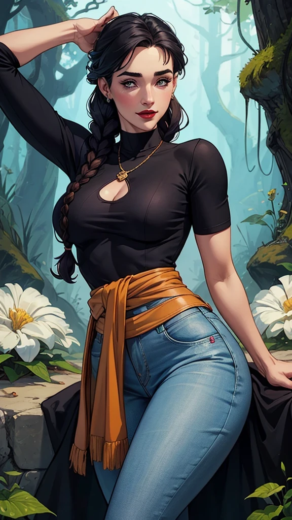 Com um dragão Ennifer Connelly, very long to the waist and half curly with bangs, seios pequenos, olhos grandes com um brilho apaixonado, olhos verdes mel, Um lindo sorriso, vestindo uma camiseta preta longa com um terno feminino verde e jeans, in a serious and sweet comic-style pose, alta qualidade Jennifer Connelly personagem mulher estilo Jennifer Connelly com marcas de guerras Imagem de desenho animado de uma mulher .Ilustra??o estilo desenho animado, estilo de arte dos desenhos animados, estilo de arte dos desenhos animados, digital illustration style, estilo atompunk projeto de pessoaagens altamente detalhado, arte digital detalhada coragem, Forest fan art, Design de personagens de retrato, beautiful digital illustration, retrato de alta qualidade, Arte em quadrinhos, mulher jovem cabelo com transas lindas . Queen Anna by Jennifer Connelly lined eyes Medium large bust and wonderful sexy clothes. image expression of sexual desire from waist to head illustration Queen Anne of Arendelle atompunk style Fallout 4 style pose playboy magazine sensual witch Character cartoon style facial expression happy beautiful smile and six medium small portrait mode waist up with lots of gold around her other stones portrait precious mode waist up queen of the south Jennifer Connelly GTA scenery dominatrix gold coins chest with jewelry with her boyfriend, um homem com barba preta, armado com um estilo militar, Jennifer Connelly Turnaround sheet Creates multiple images in different poses of the same cartoon character:1.2), Woman from Southern Brazil Drawing Art Gaucho Artline white background woman Cartoon image of a woman , roupas sensuais , garota Personagens GTA estilo artgerm femininas Yvonne Strahovski estilo de desenho garota,, pequeno, Shy, bunda grande, catholic nun outfit , dynamic pose, Quente, soft or colored lips, fundo simples, perfect hands, anatomia perfeita, Inclina Jennifer Connelly estilo Cartoon estilo iluR
