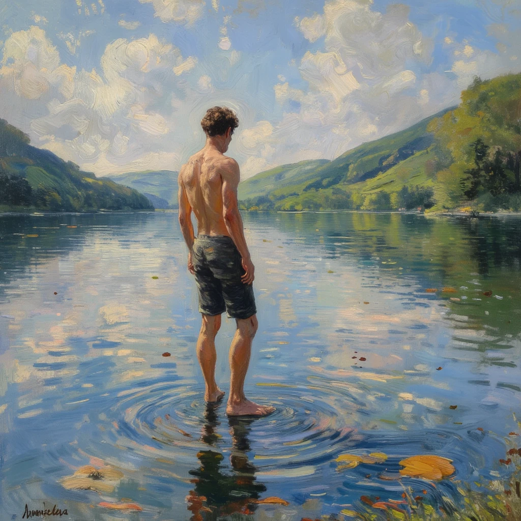 Édouard Manet, back view, oil painting, perfect composition, perfect face, beautiful man, back view, muscles, body, ((white briefs)), muscle man, colorful orchids, pond, painter, slim body, forest, lotus, with beautiful features, painter, sharp focus, intricate details, highly detailed, by John William Waterhouse, oil painting, heavy strokes, paint dripping, centered, full body, back view