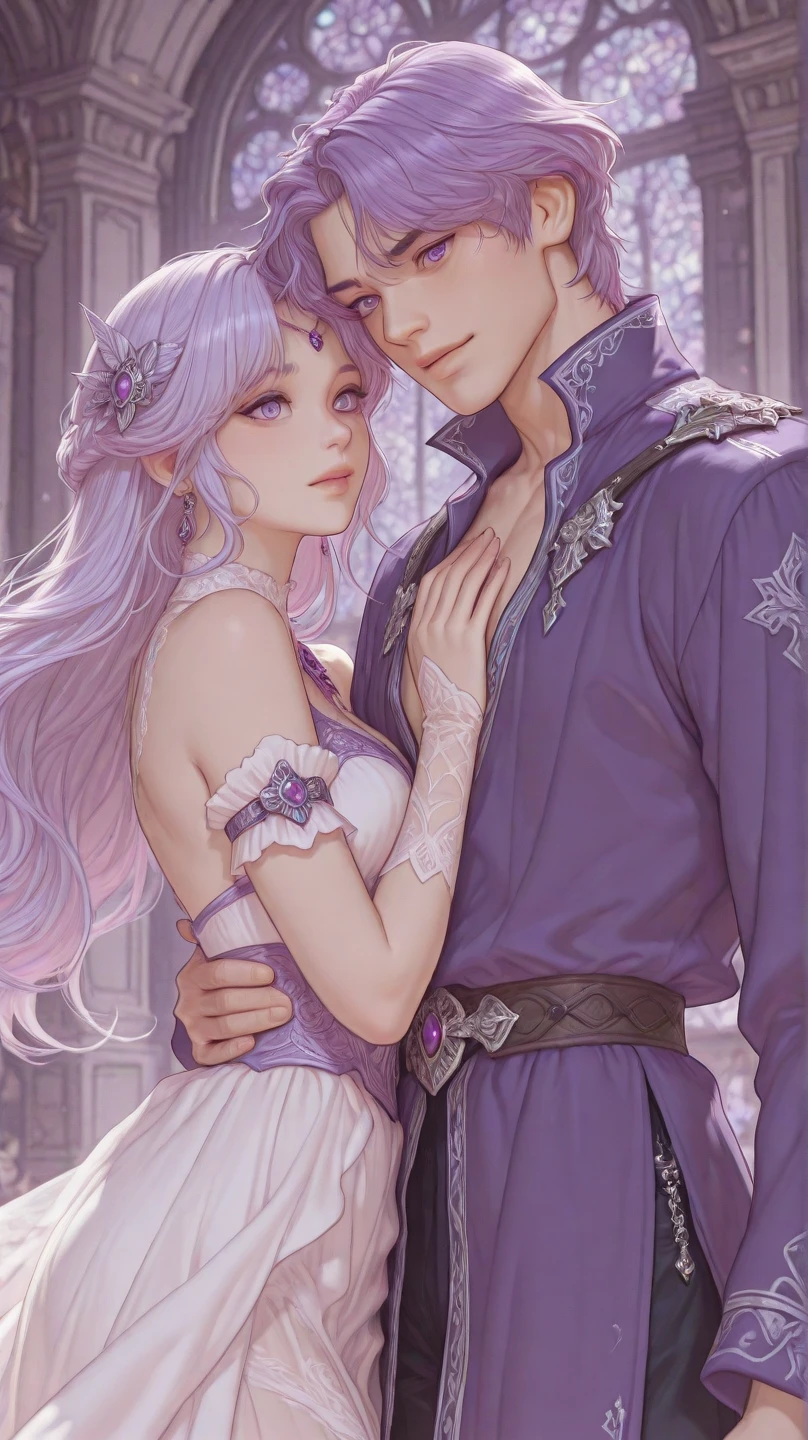 (masterpiece: 1.2, best quality), (Intricate details, Depth of Field), Very detailed, A princess and a prince looked at each other, yinji, purple hair, purple eyes, long hair, white hair, double braids, gradient hair, Royal Costumes, Slim body, Golden Crown, Wear boots, Off-shoulder, In a medieval palace
