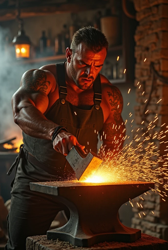 a fireman, shirtless, 79 yrs, holding an ax, behind is fire, wearing fireproof pants, Fireproof boots, Helmet