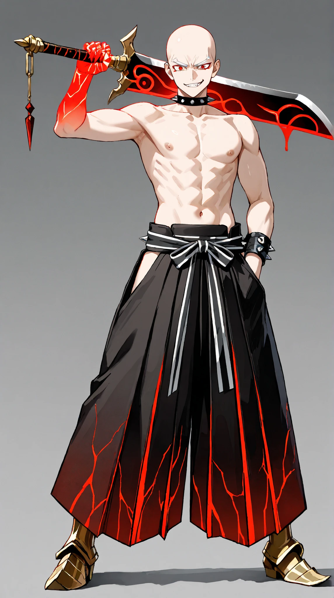 (masterpiece), best quality, seductive eyes, perfect face, handsome man, red eyes, short messy black hair, long nose, 1 cross sign body tattoo, topless, long black pants, black sneakers, full body, extremely tall man, long legs, long calves, anime cover, 1boy, ear piercings, adult-like look, standing, bad boy

