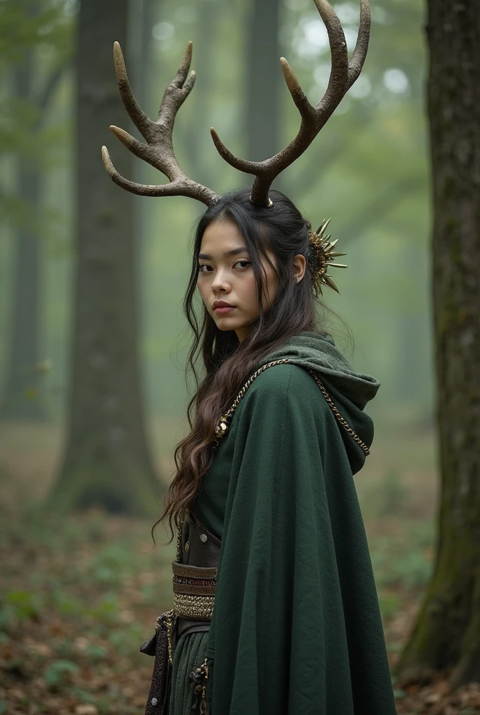 ((upper body)),portrait,fire,clothes,forest,moss cloak,vines,black hair,druid,green flame,(fantasy),(green medieval clothes),deer horns,jungle,flowers in hair,1girl,<lora:ClothingAdjuster2:0> <lora:add_detail:0.3>