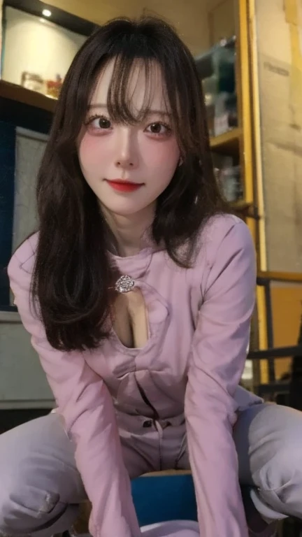 Kim Jennie with white brown hair, with curlers at the ends, with two bows on each side of the hair, all her hair white brown, with a star clip in her white brown hair, light colored eyes, pretty eyes, crying eyes, pretty, upturned nose, watery nose, Pretty lips, pink lips, heart and cupid shaped lip, pretty skin, pale, White skin, with moles and freckles all over his face, soft pink blush on the cheeks, natural pink blush, soft pink makeup, Jennie, nice neck, marked collar, frown, tender look, with a kiss necklace, a pretty kiss necklace, similar to Yumeko Jabami, while wearing a Crochet YK2, woolen, with a YK2 style brown mini skirt, while wearing a jacket with bear prints, while having a bare abdomen, Delgado, marked and pretty, (big breasts, soft breasts,no breasts), while she is cosplaying the character Yumeko Jabami, The anime Kakegurui, looking to the camera a walking on rod
