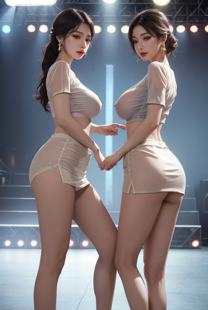 About 23 years old,2 girls,everyone laughed out loud,Commemorative photo,(perfectbody:1.3),Ultra-realistic raw photos,lovely,slenderbody,beauty legs,well-muscled,Beautiful Girl,Beautiful hair,Beautiful skin,Two people hugging each other、Sexy costume、One Piece Sweater、Detailed eyes、A detailed face、Detailed skin、realskin、Semi-long chignon hair、middlebreasts、Soft looking、cleavage of the breast、