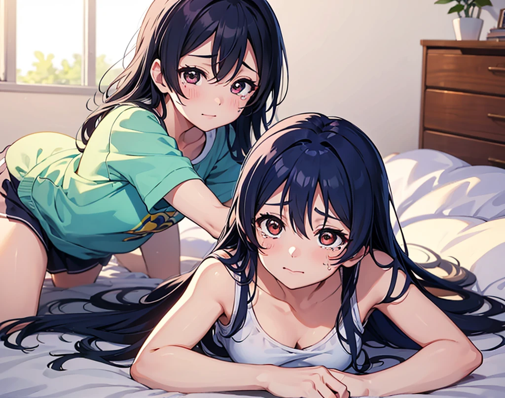 realistic, 2girls, ((selfie)), brown eyes, body close together, looking up, mouth wide open, smiling, face extra large zoom, sitting on bed, sexy, (bare shoulders), (covered nipples), (camisole), (lace-trimmed), (shorts), (dolphin shorts), (small breasts)