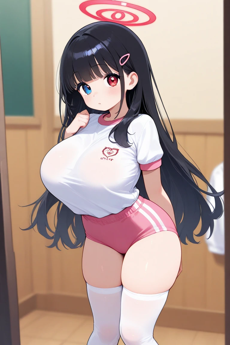 highest quality、Cute high school girl、Black hair braids、Red ribbon、wear glasses、Chubby body type、Serious-looking girl、Naughty smile、Sweaty、blush、Gym clothes and bloomers、Super big 、Nipple erection、Sweaty clothes、Knee-high socks、Get on the boots、gym、Girl doing flexibility exercises、Full body portrait、Detailed costume、Detailed skin、Detailed Background