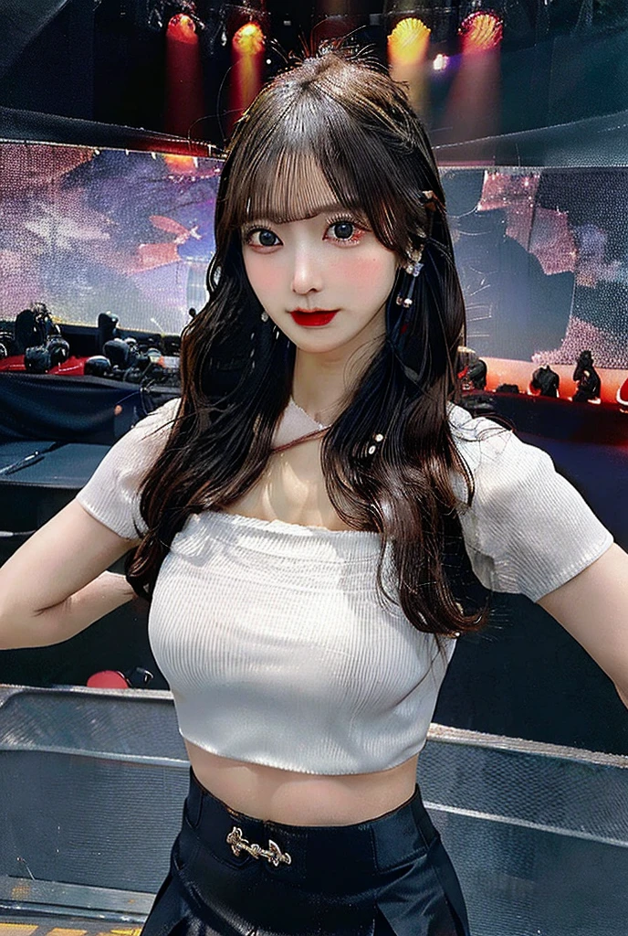 masterpiece、Flat Color、Depth of written boundary、Lens Flare 1 Girl、、Brown Hair、Staring at the audience Black suspenders bulging big breasts Armpit sweat sweating 両手のside wall: Black mini skirt ガーターbelt sight Small face bangs over eyes side Mouse-colored eyes holster belt