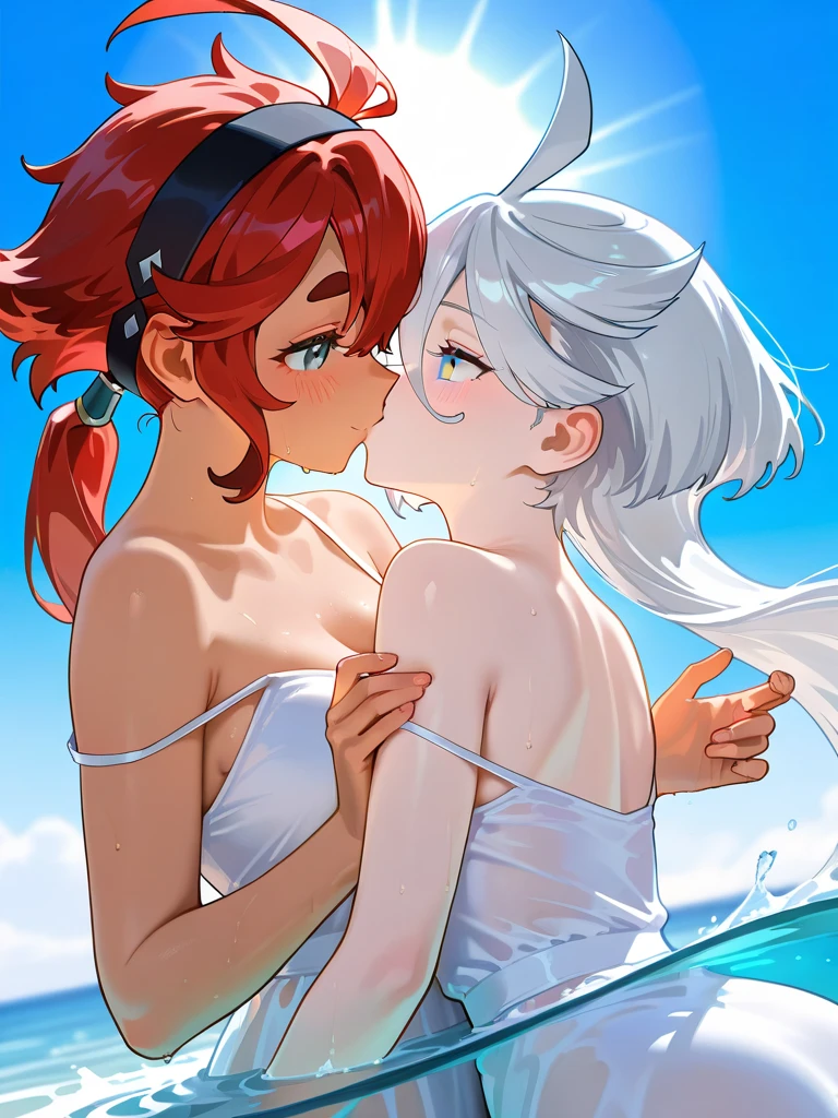 albino girl kissing redhead with big breasts on the beach