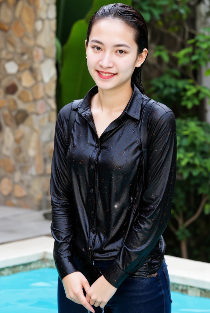 Cute moves、cute smile、16 years old,delicate body,small breasts,black haired,long hair、outdoor、body whole、rain、Upper body、Jacket、hoodie, open Jacket、Upper body、