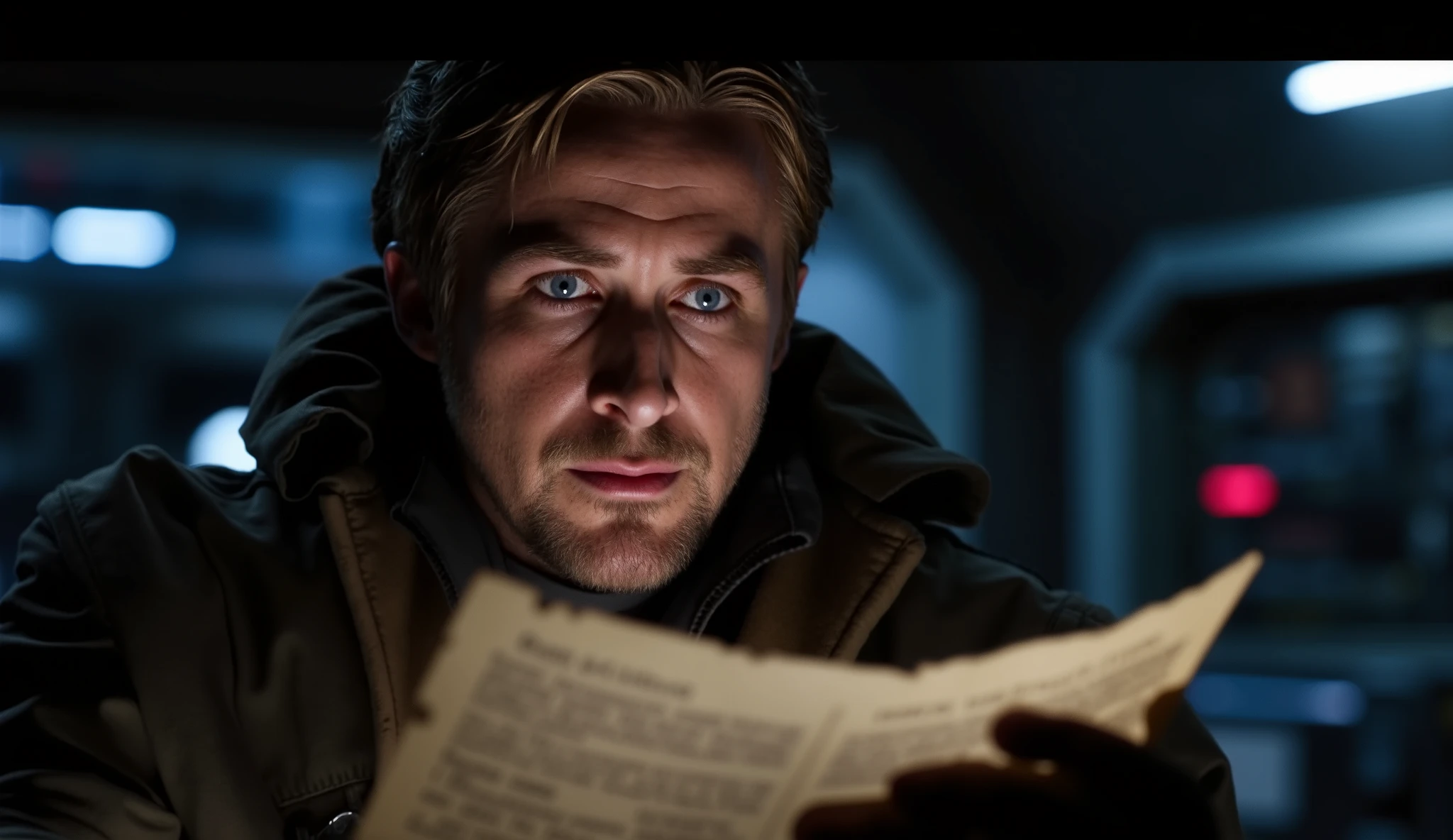 star wars, ryan_gosling reading a transmission with a tear in his eye.