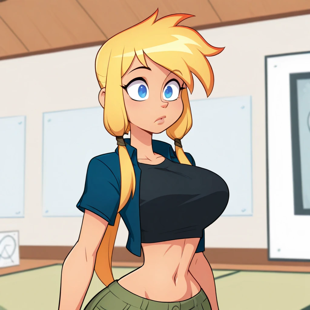 1 woman, long yellow hair , smooth, green eyes, Bored face , cowboy hat , White leather jacket , Jeans shorts , abdomen, big breasts , Long legs. , stand on your hips... , leather boom boots , desert