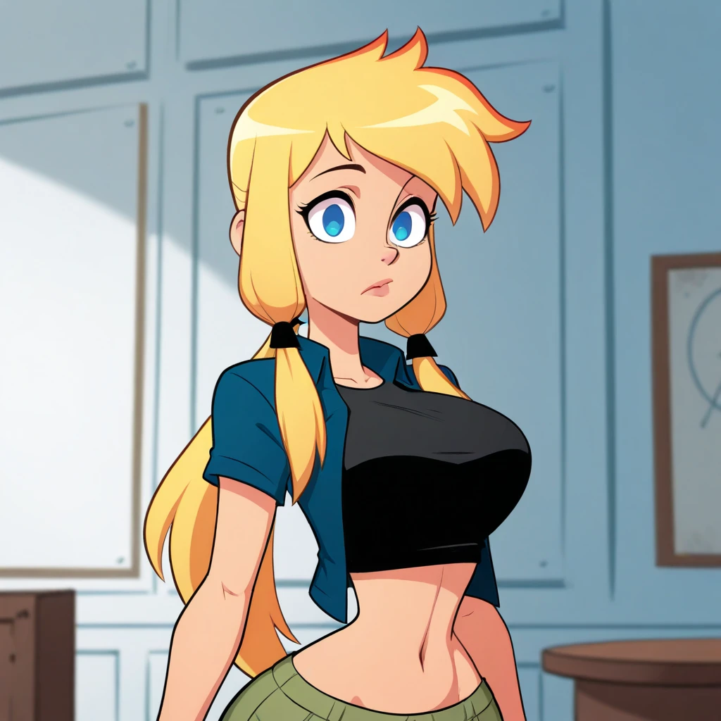Tall girl big chest long yellow hair behind a Mencho braid her ear Bright blue eyes big eyelash dresses medieval blue top long sleeve shows sexy navel and her tight black pants