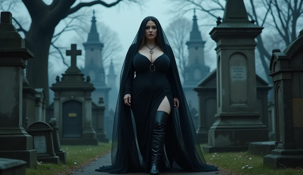 1girl, detailed face, very long hair, drapped lace dark gown, cemetery complex, eerie glow moonlight, (shrouded by mist:1.2), masterpiece, best quality, cinematic, evil, wide eye glaring at viewer, (full body:0.8), gigantic breasts,