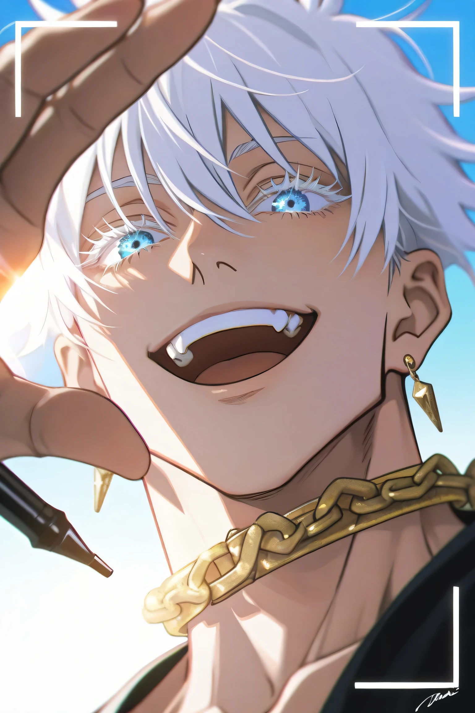 masterpiece, best quality, 1man, adult, male focus, gojou satoru, jujutsu kaisen, white hair, short hair, ((hair between eyes)), colored eyelashes, white eyelashes, blue eyes, intricate eye iris, detailed eyes, muscular male, sexy man, handsome man, handsome face, (male focus:1.25), masculine, dynamic pose, forced perspective, angle, holding pen, nib pen, toothy smile, open mouth, blending, chains, sparkles, belts, gold earrings, gold choker, crosshatching, (lens flare, viewfinder:1.2), signing, signature, yoneyama mai, solo, looking at viewer, blurry,chromatic aberration,portrait, drawing style,
