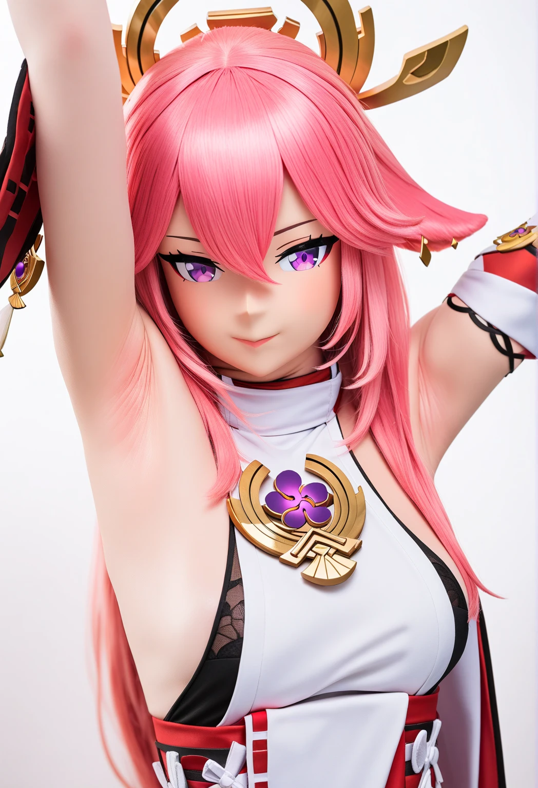 1girl, solo, Melodie, melodiebs, idol, musical notes, pink hair, big bow, elbow gloves, black crop top, yellow skirt, thighhighs, fur stole, choker, {surreal quality,detailed,best_quality:1.3,Sharp,4k,8k}