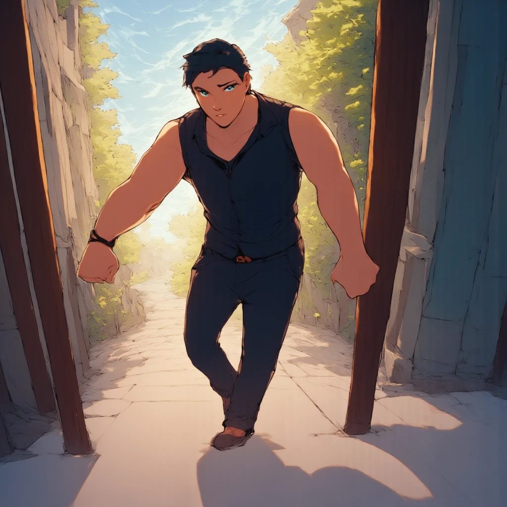 a handsome，Moving bricks at construction sites，Tired，The expression is uncomfortable，full of sweat，Plenty of sunshine，It was hot