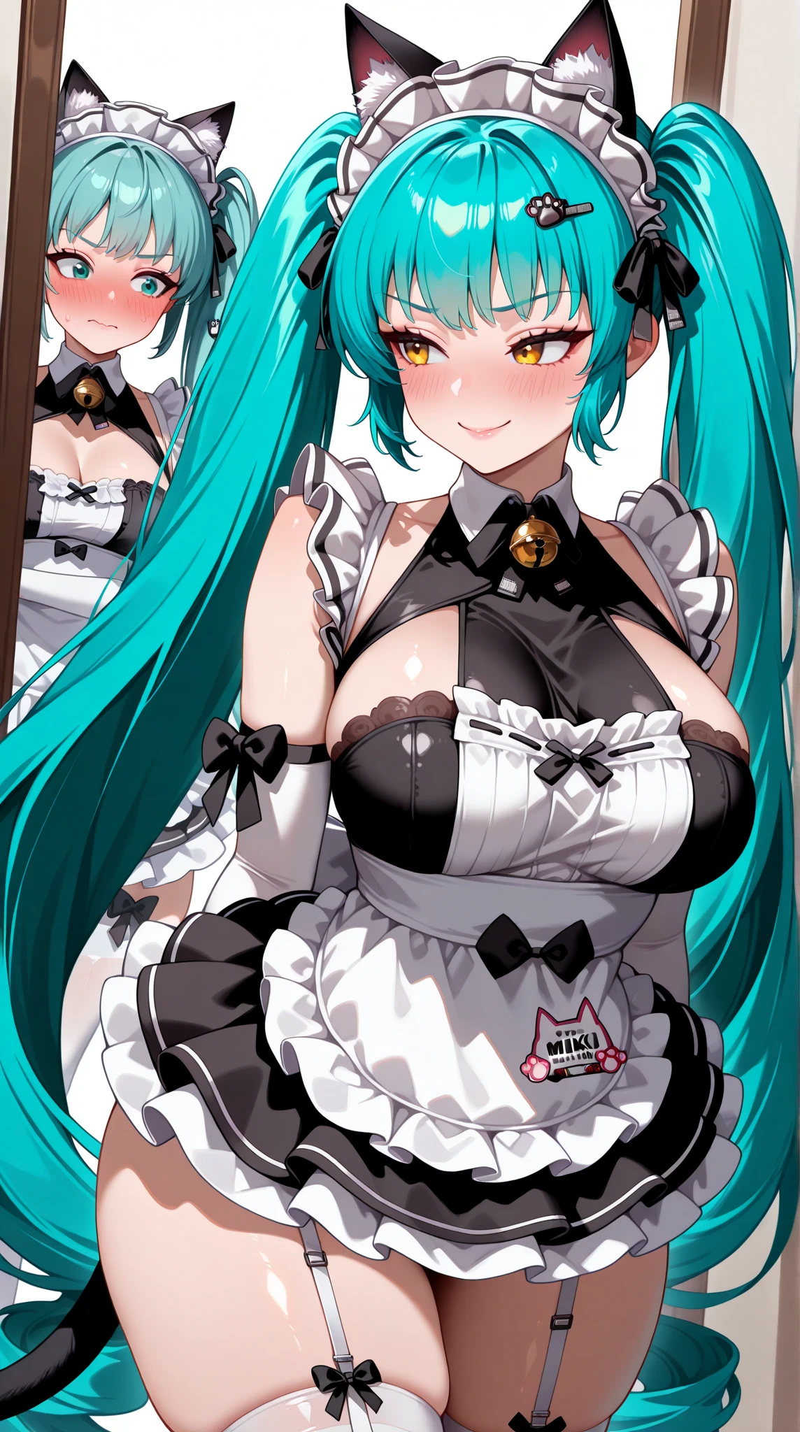 (((Maid uniform)))), (((Large target)))), Drunk Eyes, Hatsune Miku,