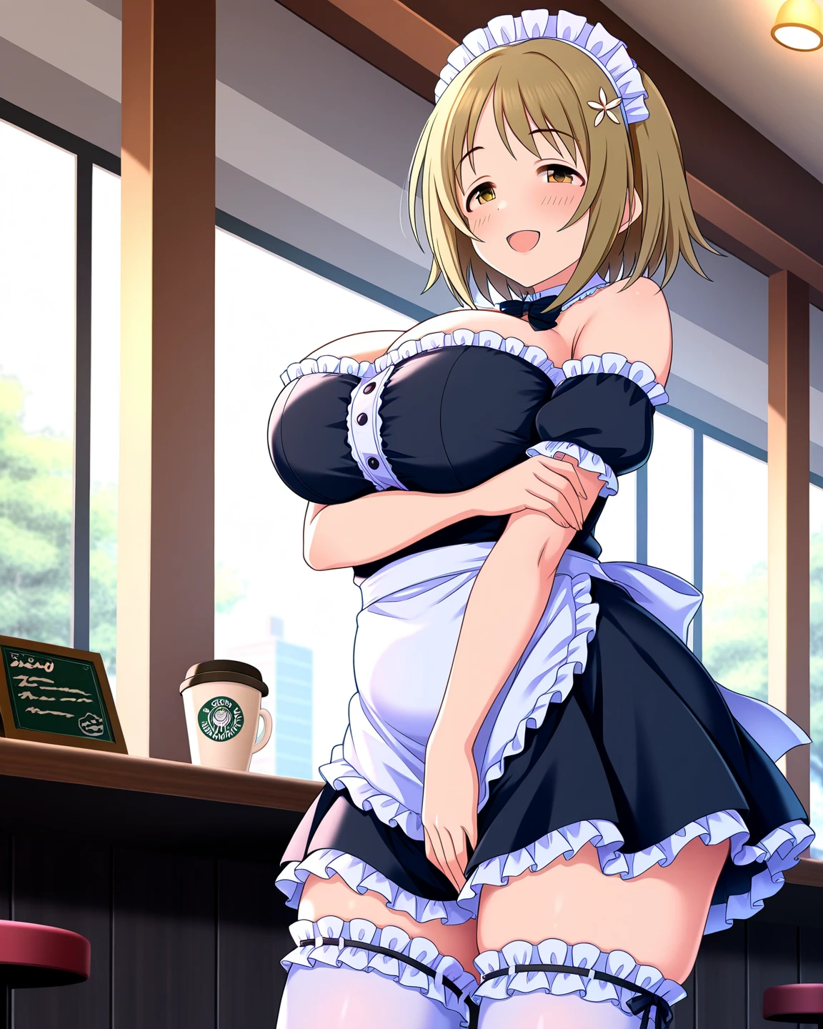 azur lane、Ayanami、table top、High resolution、lots of girls、multiple girls、large crowd、かわいいlots of girls、big and full breasts、naughty body、underwear only、See-through、throw、、whole body、Are standing、looking up at me、confused face、blush、black pantyhose、female shape'Private parts are clearly visible、I can see the nipples、white shirt、navy check skirt、Maid clothes、青色のギンガムチェックのMaid clotheicro mini skirt、very short skirt、bakery、shop、Many people々、in the crowd、bare chest、show your chest、from below、Low - Angle、Holding the tray、put the chest on the tray、A lot of milk comes out from the nipples、Breast milk splatters from the nipples、pour breast milk into a glass cup、A lot of breast milk spills from the nipples、White drinks、Cat ear、ponytail