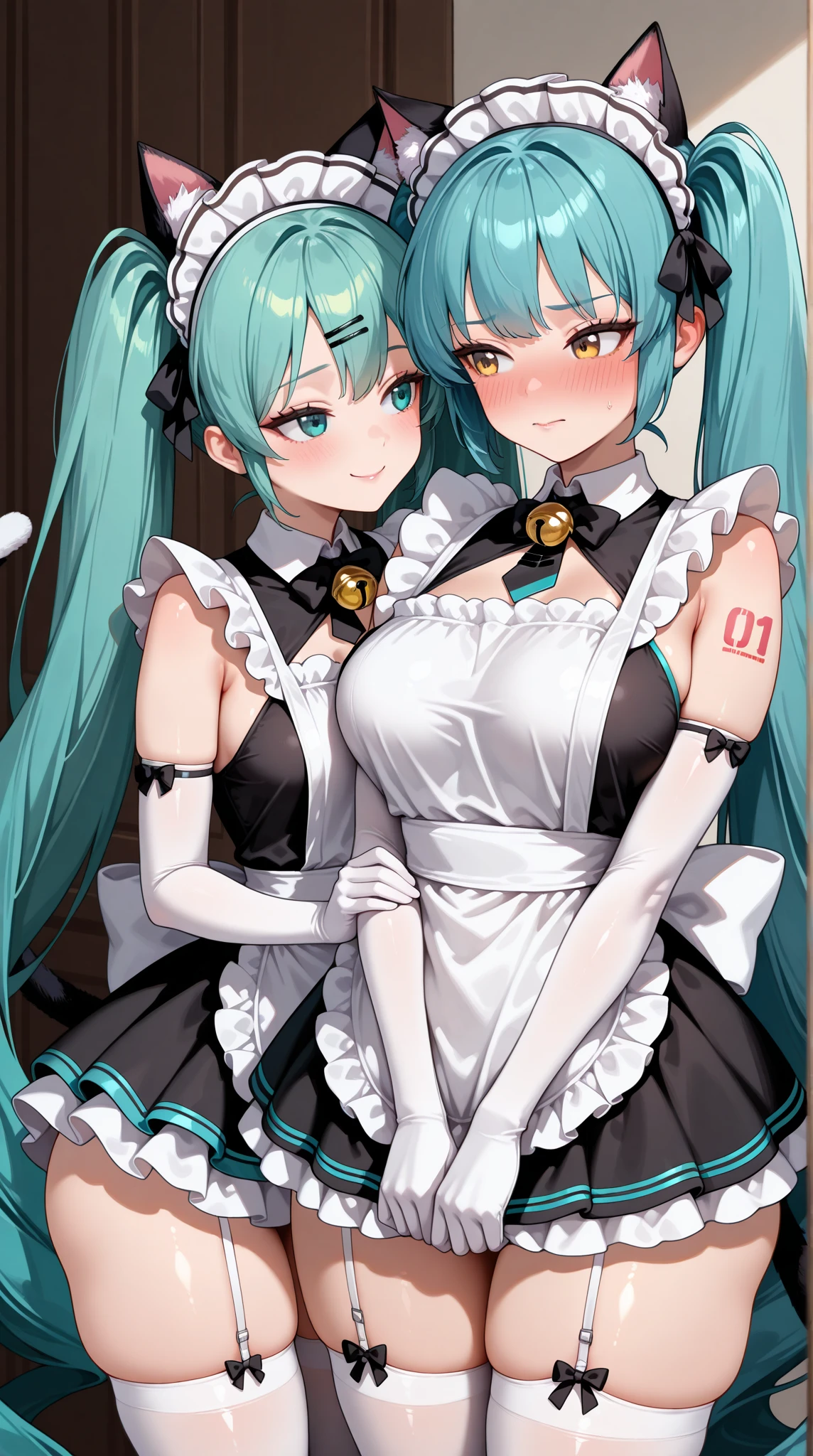 (((Maid uniform)))), (((Large target)))), Drunk Eyes, Hatsune Miku,