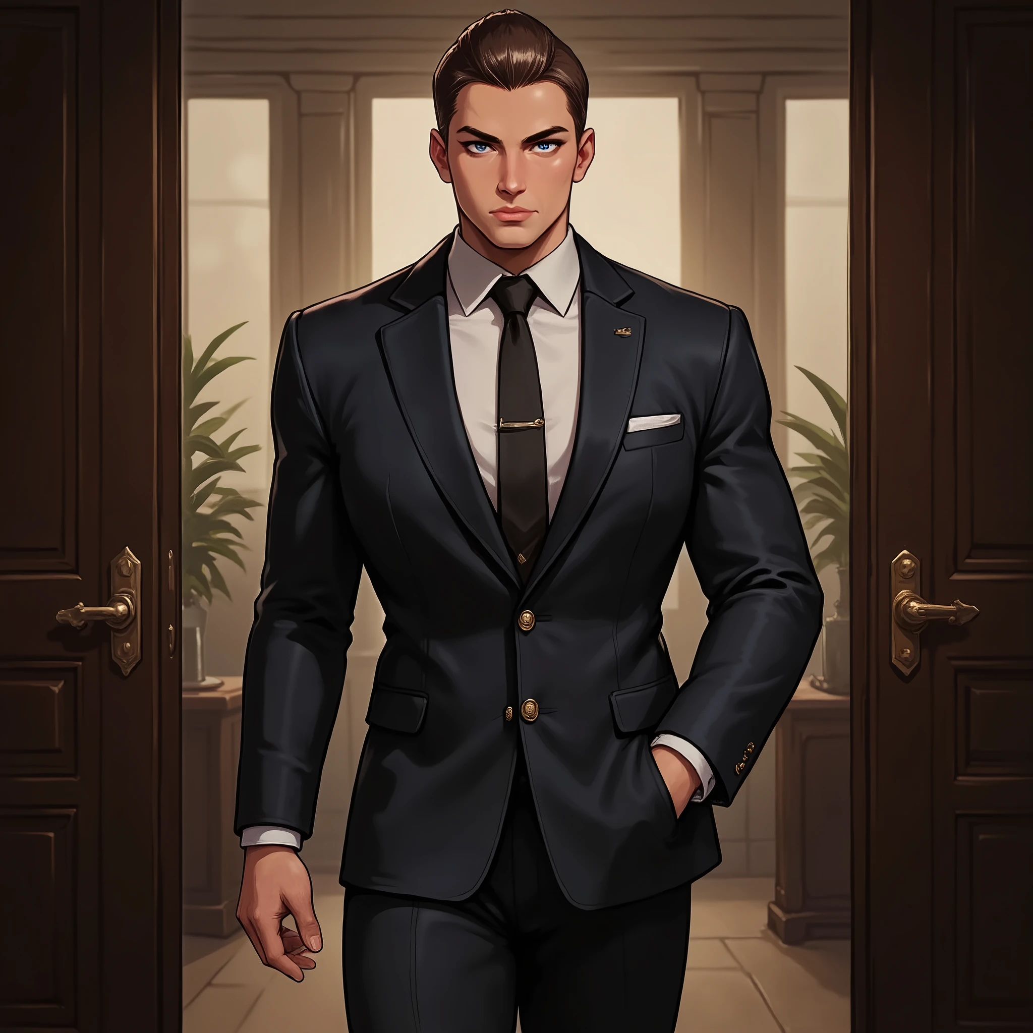 Martin, a muscular and tall man of 2 meters and a very sharp brown tea with blue eyes and short black hair and a dominant alpha and a very billionaire, leaves his office