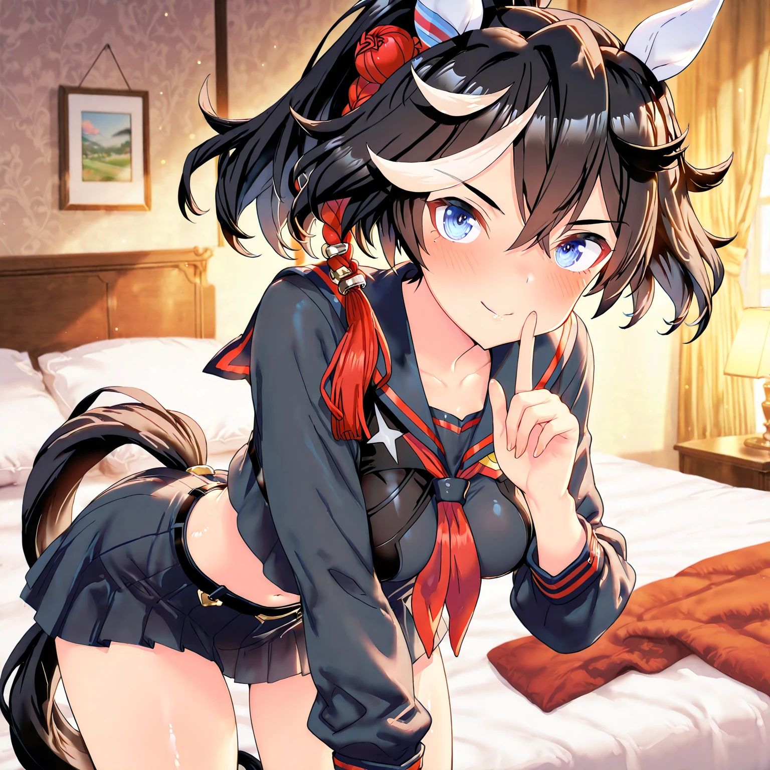 ((masterpiece)), ((best quality)), (ultra-detailed), anime style, on the bed, a cute girl, 1girl, solo, gym shorts00, ((beautiful eyes)), smile