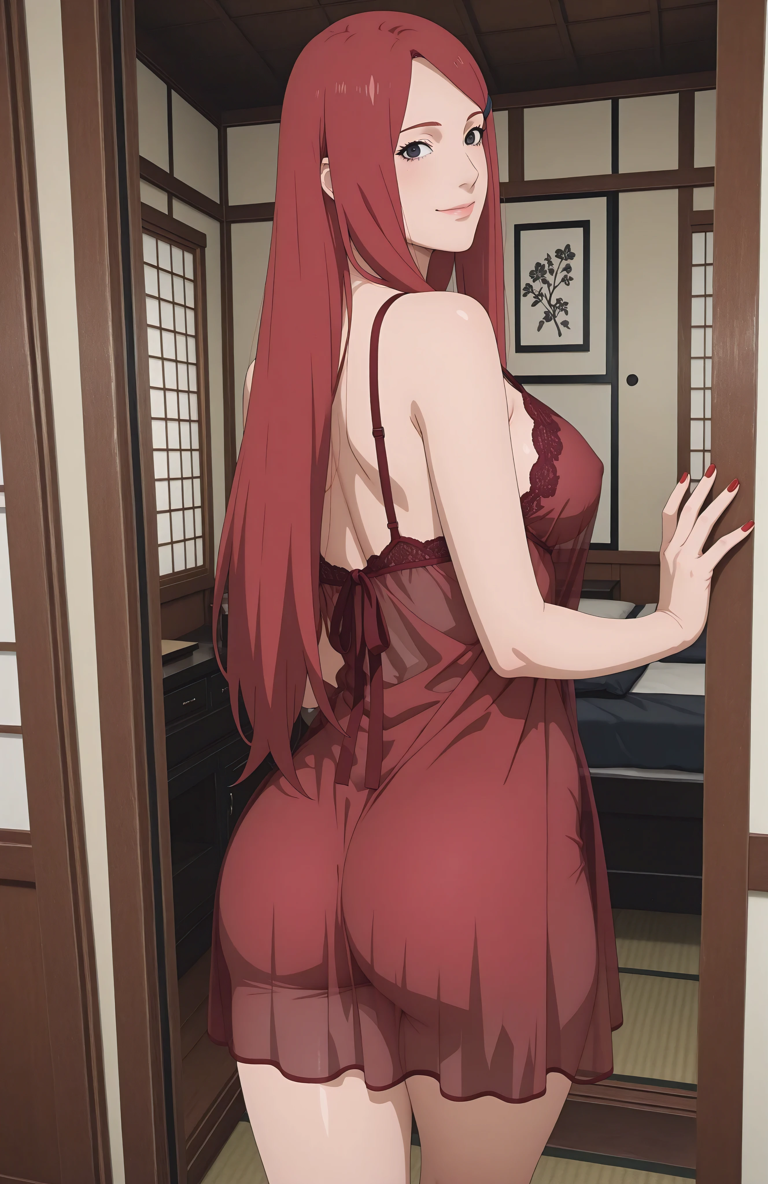 anime source,anime version ,anime screencap ,anime coloring , Kushina Uzumaki ,thick_thighs, rounded hips,mature_breast, long hair ,red hair, black_eyes also having red nail polish gentle_smiles gentle_smiles, soft_lighting,full body shot ,beautiful body leg hand feet feetnails in detail everything smile red nailpolish, smile, japanese house interior, bedroom, looking at viewer,standing, looking at viewer, negligee, red negligee, see-through, no bra ,no panty,Indoor, drawing room,half body shot,closeup,turned around ,rear view