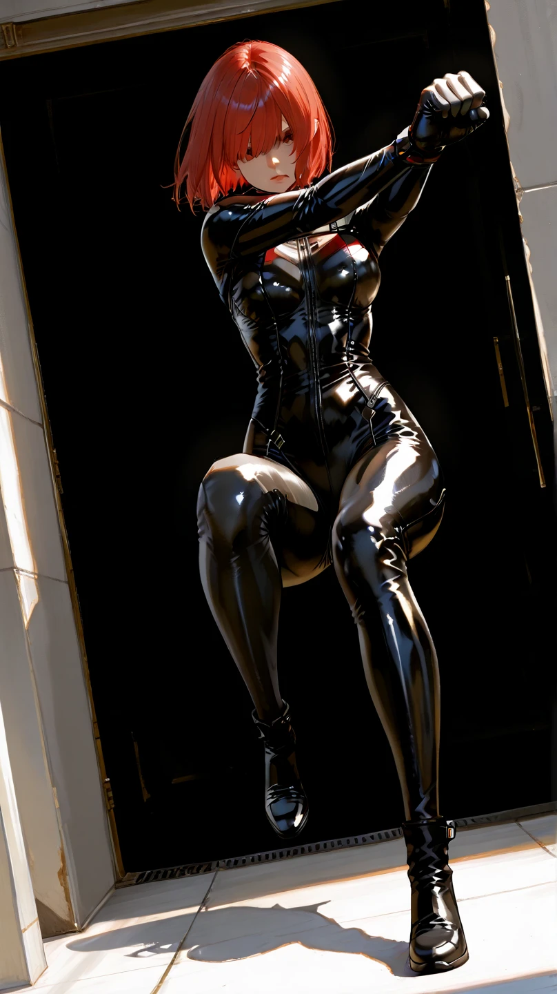 (masterpiece:1.2), (realistic), absurdres, 1girl, solo, atomtwins, (metallic_skin), robot, android, red star, (faceless:1.6), skinny, (small breasts), erect_nipples, cleavage, (cameltoe:1.4), (simple_background:1.4), (gray_background:1.4), (leotard), (thighhighs), (arms_behind_head:1.4), (armpits), (spread legs:1.2), (standing),