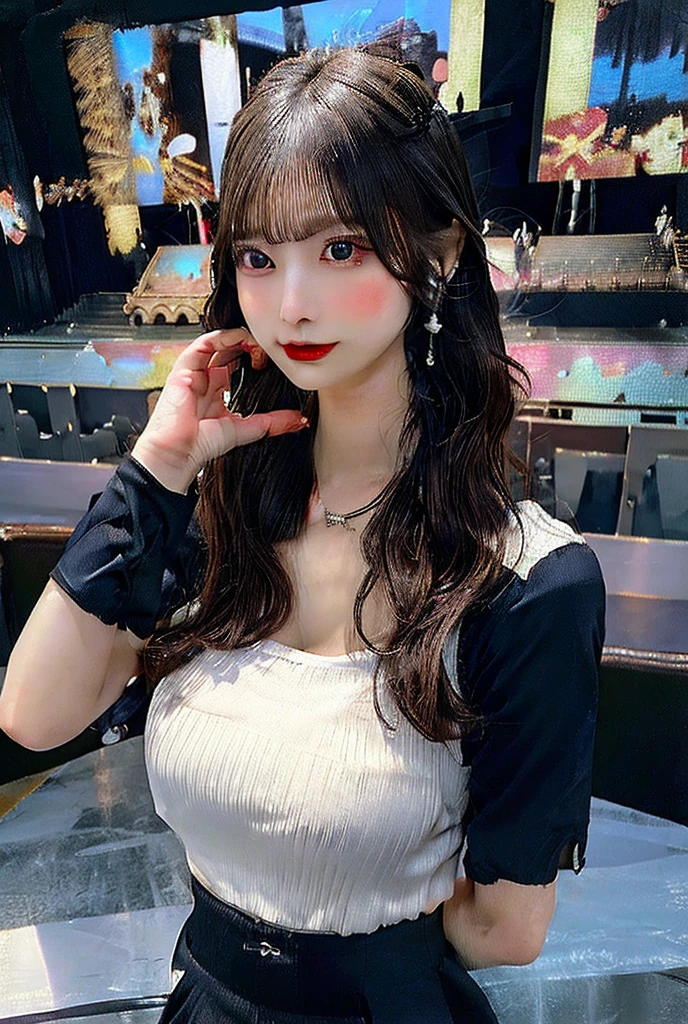 最high quality, Tabletop, High resolution, One Girl, Beautiful Face,smile,
Tyndall effect, 
realism, dark, Edge lighting, Two-tone lighting, (Skin with attention to detail: 1.2), 
8K UHD, Digital SLR, Soft Light, high quality, Volumetric lighting, photograph, High resolution4K, 8K,
(Beautiful idol)

Upturned eyes, Straight nose, Small face,Sharp features,Big eyes,(blush:1.4),
Detailed Background,(In public parks:1.4),

break
(Underarm,show an Underarm,Place your arms behind your head,Underarmショー:1.5),(light black hair:1.5),(Chignon Hair:1.3),(Large Breasts,Plump thighs:1.3),
(Cowboy Shot,Wide Shot:1.3),
(Long sleeve T-shirt,belly button,Off the shoulder,Rings Earrings:1.4)