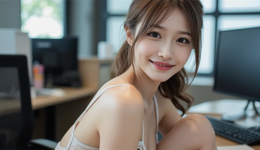 (masterpiece:1.3), (8K, Photorealistic, Raw photo, Best image quality: 1.4), A 28-year-old Japanese woman relaxing on a white sofa、Lowered ponytail、Cleavage:1.2、A sleeveless dress made of thin white fabric with a navy blue gradient、Attention to detail、double eyelid、Drooping eyes、round face、Sharp focus:1.2、Beautiful woman:1.4、Light brown hair、White Room、Highest quality、masterpiece、Ultra-high resolution、(Photorealistic:1.4)、Highly detailed and professionally lit smile、Shoulder out、thin、Serious expression、