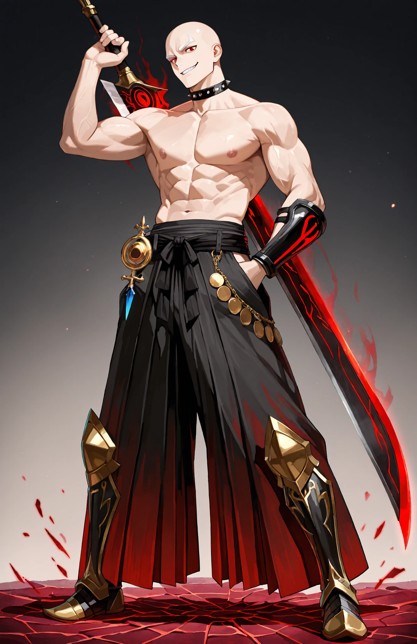 (masterpiece), best quality, seductive eyes, perfect face, handsome man, red eyes, short messy black hair, long nose, 1 cross sign body tattoo, topless, long black pants, black sneakers, full body, extremely tall man, long legs, long calves, anime cover, 1boy, ear piercings, adult-like look, standing, bad boy