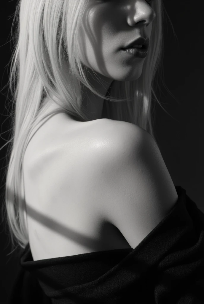 View from behind, black and white photograph of a beautiful blonde woman sexy posing, hands on head, legs spread,in the style of intense gaze, hauntingly beautiful, (large bosom exposed:1.2), wearing intricate lace G-string thong leotard,richly layered, expressive eyes, jagged edges, western-style portraits, loose and fluid style