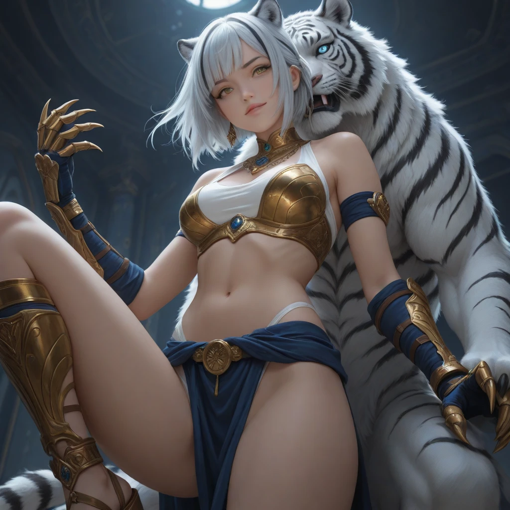 the scene takes place in a Flavian Amphitheater, [Best quality, shadow, extreme detail, very detailed, ultra detailed, complex, realistic, complex and detailed masterpiece of an ancient Greek dream], the dream is of the breed human cats, she is decorated with intricate tiger tattoos, sporting magnificent white fur, dressed in a bra, (accompanied by her faithful white tiger companion),