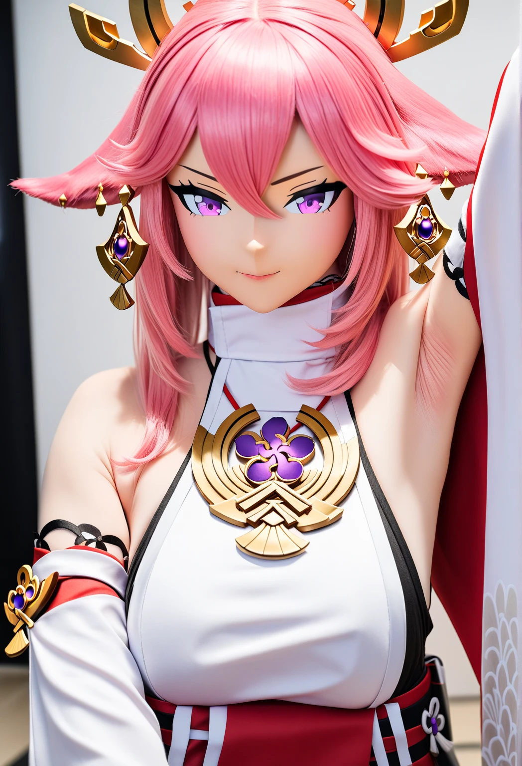 1girl, solo, long hair, breasts, looking at viewer, smile, large breasts, cleavage, bare shoulders, collarbone, upper body, pink hair, choker, pink eyes, circlet