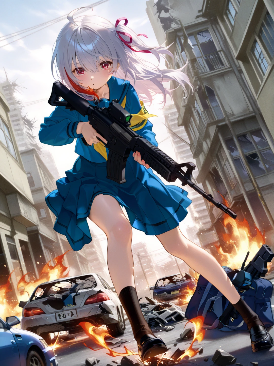 woman,spats,belly button,Tank top,slender,run away,Clothes are torn,Covered in scars,fear,Watery eye,Being chased by a large number of beautiful zombies,End of the World,Defects in the body,Expressway,traffic jam,Car accident,fire