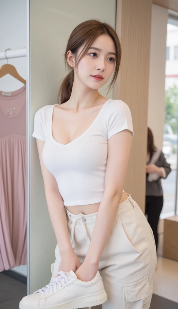 masutepiece, Best Quality,
Ultra-detailed, finely detail, hight resolution, in 8K,
((Photorealsitic:1.4, Raw photography, 超A high resolution,Top image quality: 1.4)),
Wallpaper,
((Perfect whole body configuration1.5)),
((Beautiful detailed eyes, Natural Color Lip、Clean face、Gaze staring at the camera、Lashes、big eye、Distinct double eyelids、Tear mole、glowy skin、Clean skin quality、lipgloss)),
((a serene smile:1.5)),
((Random and cute hairstyles)),
((Tight-fitting shirts:1.5)),
((Shirt shows through:1.5)),((large breasts size、cleavage of the breast:1.2)),
((Random and cute micro mini skirt:1.5)),
((squat down and spread your legs wide:1.5)),
((breastsout、under look eyes、Mole on the arm:1.2)),
((look up to)),
((Random blurry background)),
((Random and cute facial expressions:1.5)),,
((((1人の女性:1.5))))
very detailed and professional lighting、
((Sexy underwear visible through skirt:1.5))、
((thigh visible:1.5))