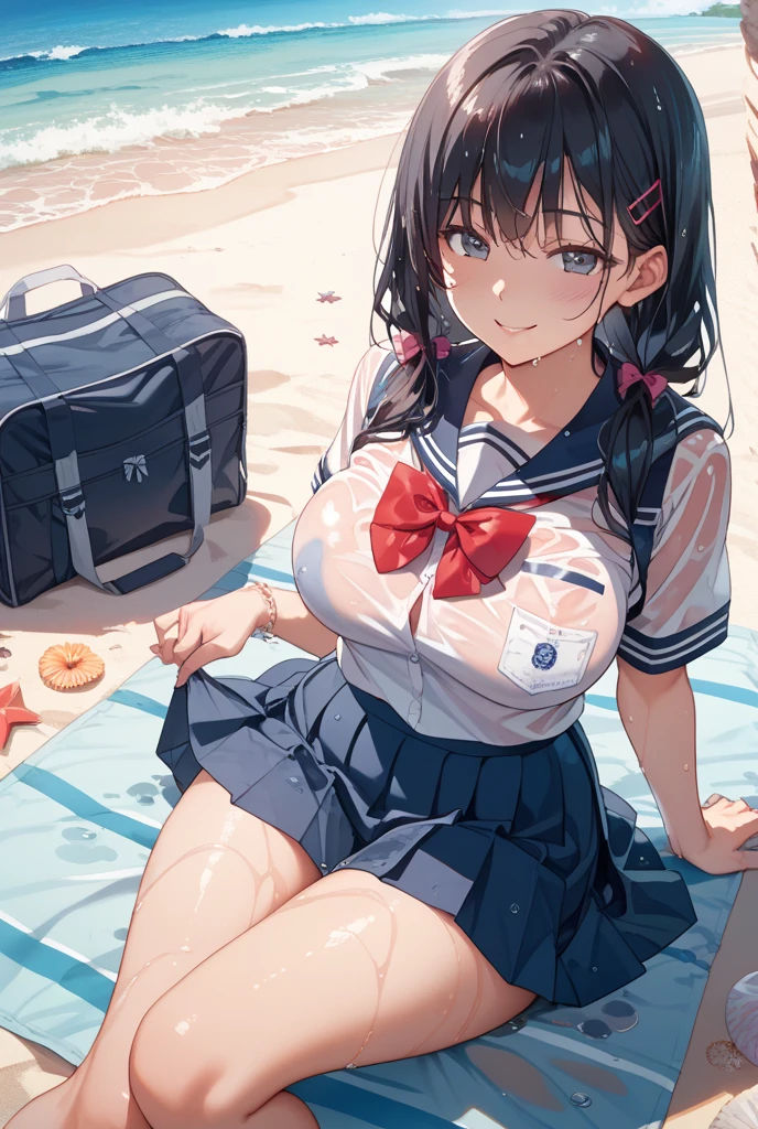 highest quality、High resolution、detailed background、beautiful and detailed face、beautiful and smooth skin、skin texture、professional lighting、Beautiful teenage girl、(huge breasts:1.3)、My clothes are wet and transparent、the whole body is wet、Lying on the beach、Sleeping on the beach、ponytail、 sailor suit、pleated leeveless、sexy underwear、Look at me happily、camel toe、sexual expression、emphasize the chest、the whole body is wet、camel toe