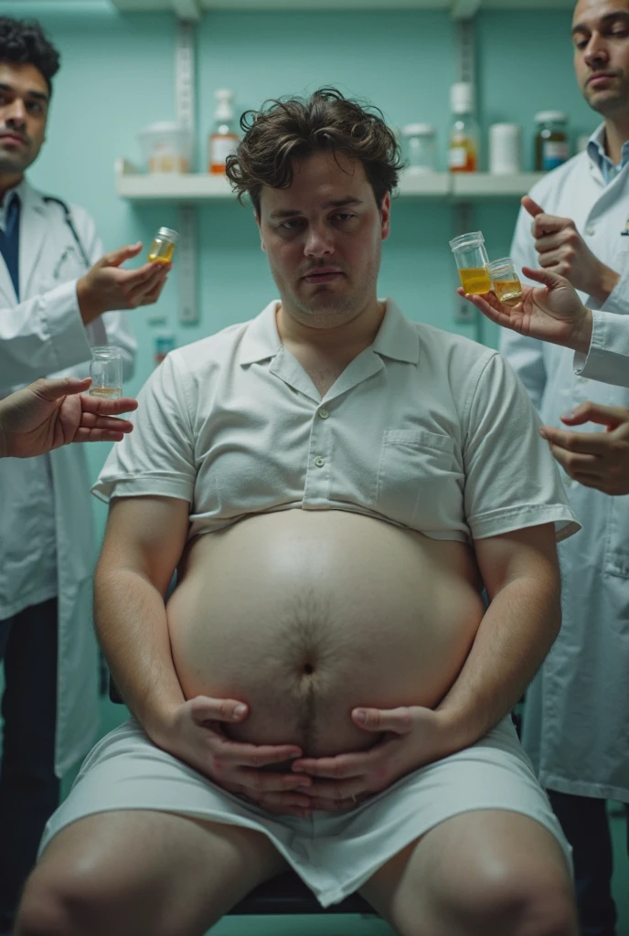 A man with a stomachache with more pain with a lot of pain until he writhes and his belly is growing, growing a lot, he is having a worm