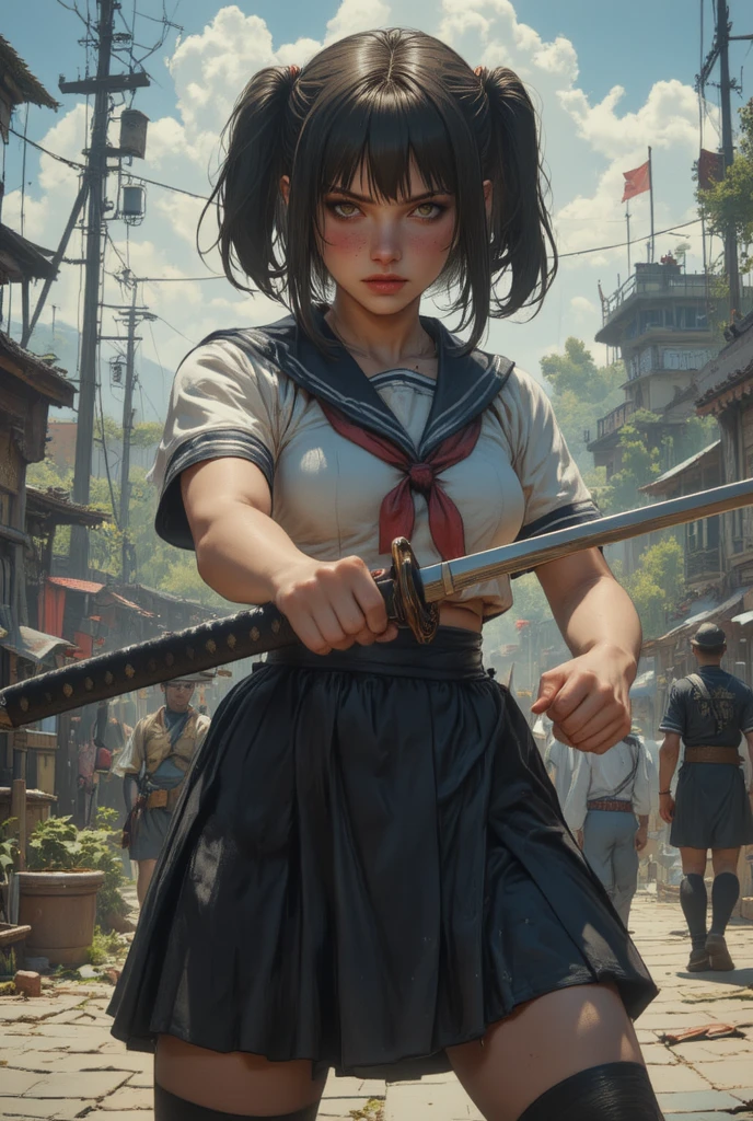 a beautiful young girl, 16 years old, in a dilapidated village, (wearing a tattered school uniform:1.2), desperately resisting, small breasts, cleavage, alluring thighs, glossy black hair, medium straight hair, asymmetrical bangs, tear-filled black eyes, tense expression, (hands bound with a chain:1.2), sweaty skin, combat-ready, fierce battle against a powerful enemy, dark fantasy, intense fight against goblins and orcs, monster attack, surrounded by many monsters, casting explosive magic, best quality, masterpiece, photorealistic, sword